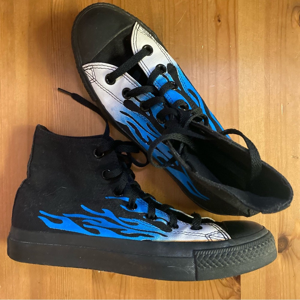 Blue and white flame converse sneakers